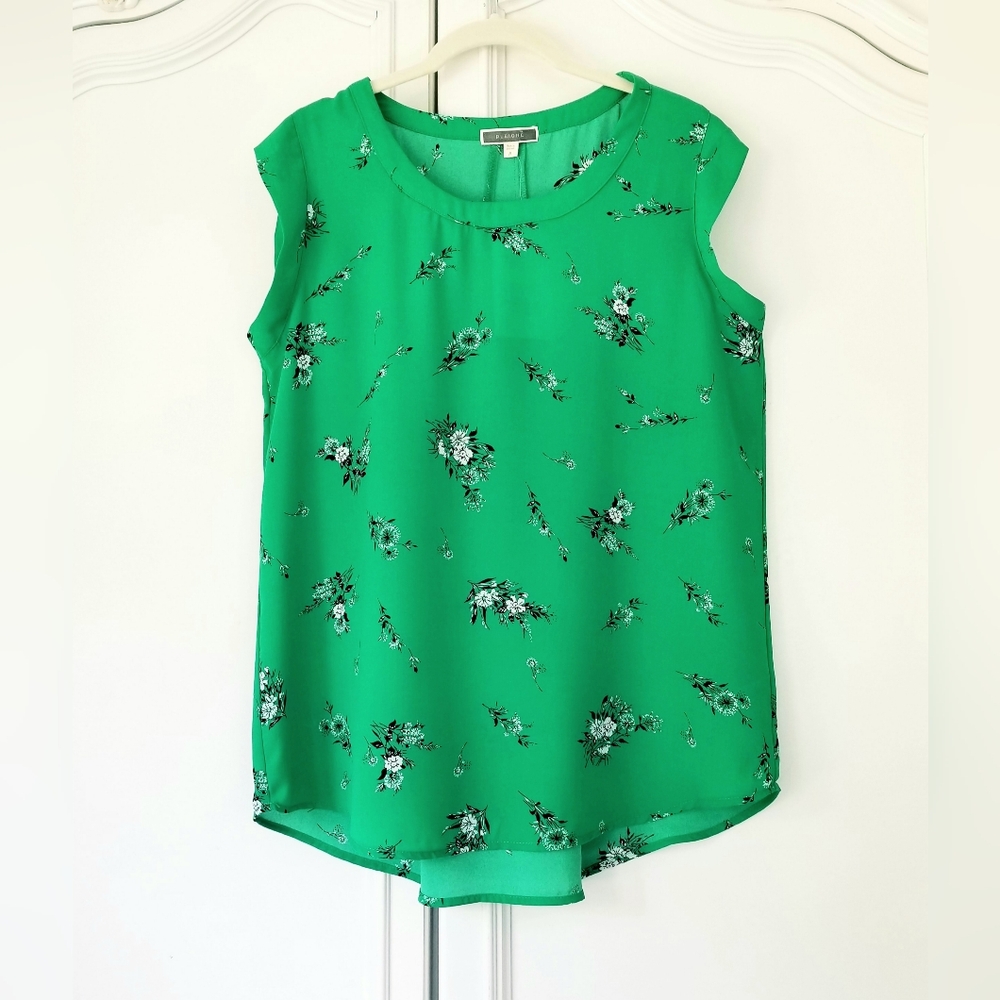 Pleione Green Floral Back Pleat Sleeveless Pullover Tunic Top Medium NWT